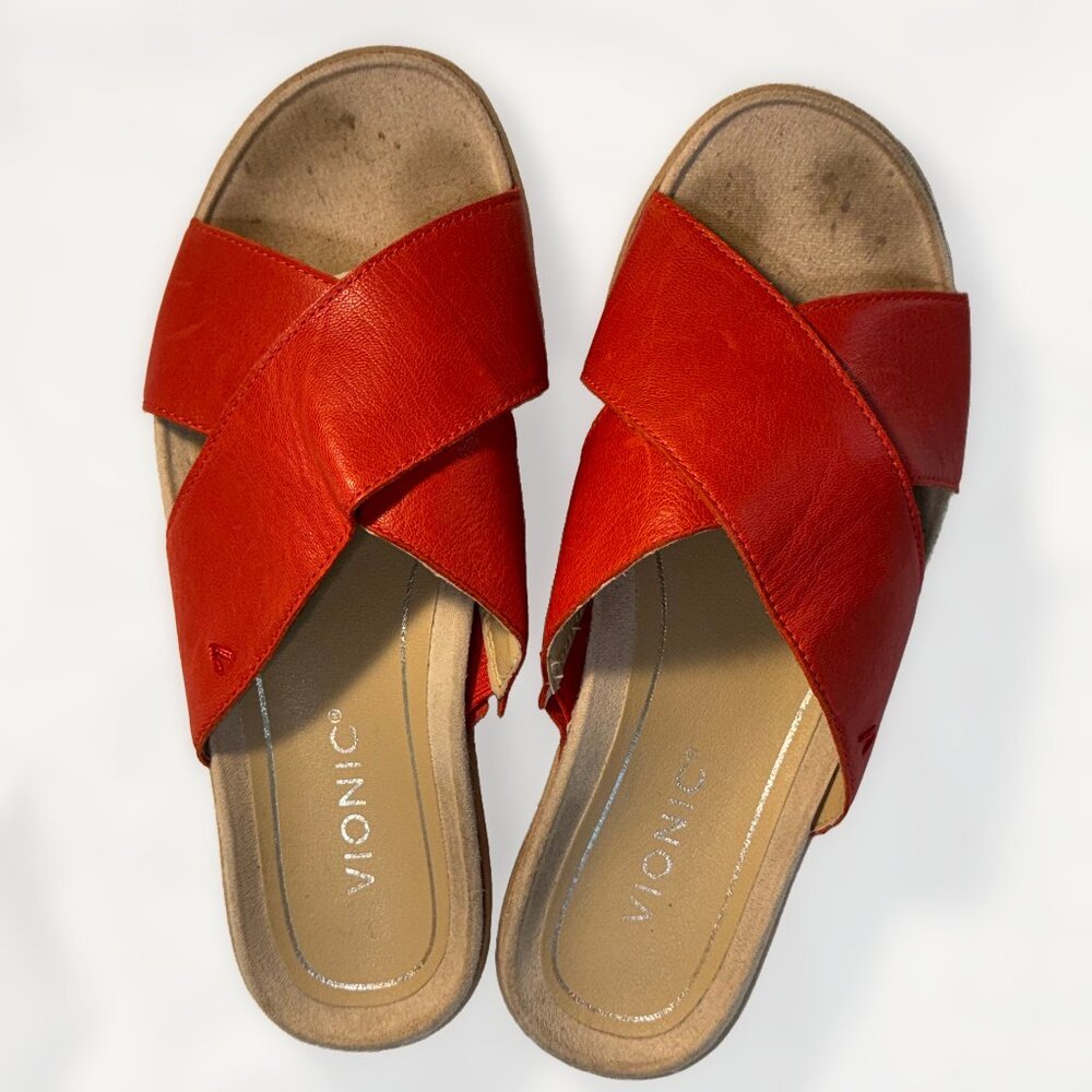 Vionic Hayden Cherry Red Leather Slip-On Slide Sandals US Womens Size 7.5